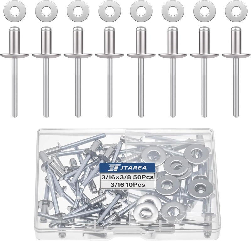 JTAREA 60pcs 3/16" x 3/8" Stainless Steel Pop Rivets with Stainless Steel Washers 4.8 x 10mm Blind Rivet Assortment Kit - Image 1